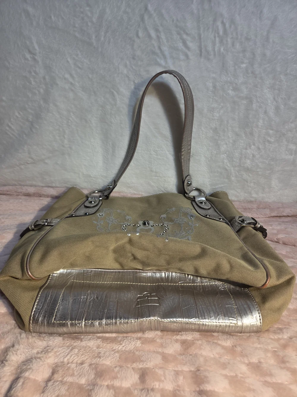 Canvas Tote Bag in Beige with Silver Accents